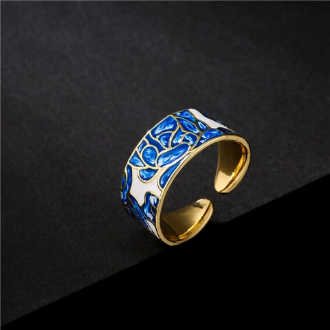 Vintage Blau Weißes Porzellan Emaille Offener Ring Für Damen Kupfer Gold Vergoldet Verstellbarer Geometrischer Zirkon Schmuck