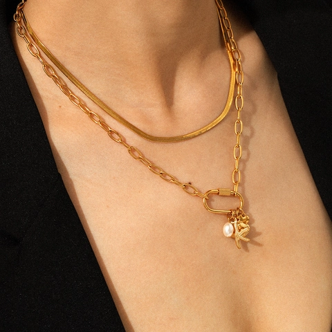 Collana A Strati In Acciaio Inossidabile Placcato Oro 18K Con Ciondoli Perla Artificial Stella Marina Conchiglia Cuore Gioielli Donna
