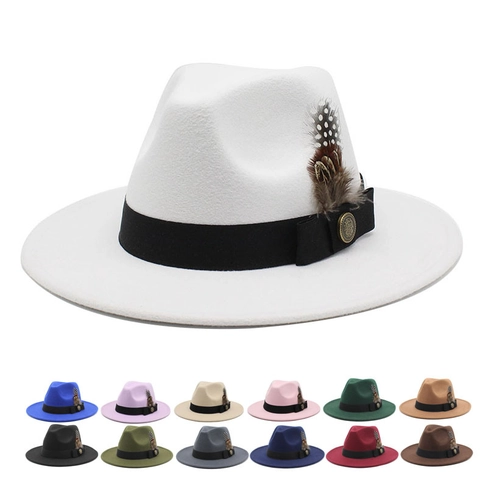 Vintage Wool Felt Fedora Hat Wide Brim Jazz Cap With Feather Decoration And Metal Badge British Style Unisex Elegant