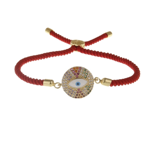 Evil Eye Bracelet Copper Gold Plated With Colorful Cubic Zirconia Adjustable Braided Rope Bohemian Jewelry For Women