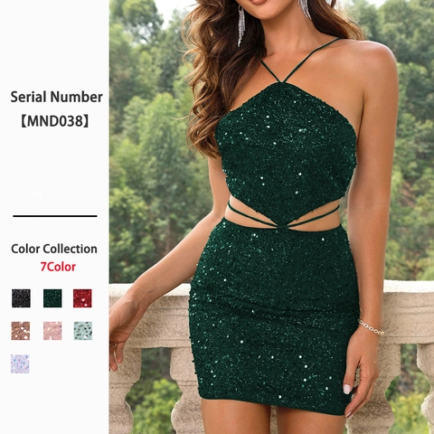 Sexy Neckholder Rückenfreies Pailletten Oberteil Und Minirock Mit Hohlraum Taille Bodycon Party Clubwear Outfit Für Frauen
