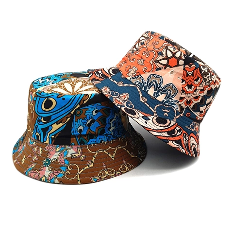 Cappello Da Pescatore Donna Tela Poliestere Protezione Solare Bohemien Mandala Stampa Geometrica Reversibile Esterno Estate