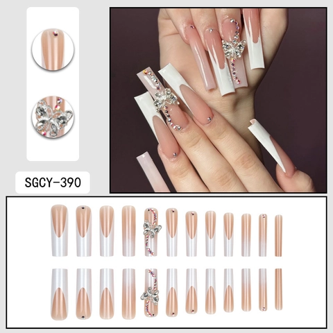 French Tip Press On Nails Long Coffin False Nails Alloy Butterfly Rhinestones Elegant INS Style DIY Manicure For Women
