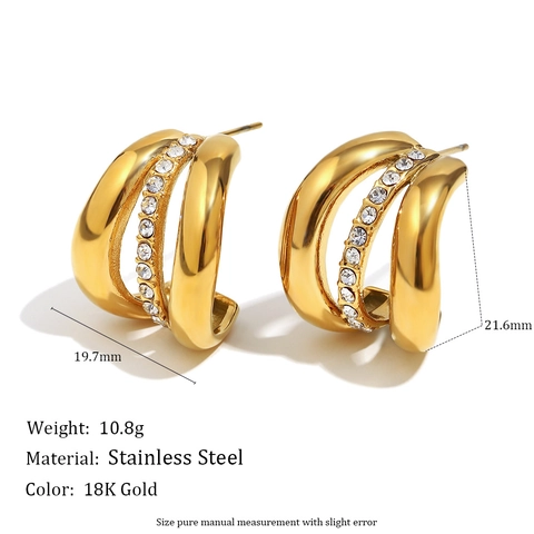 Dreilagige C-Form Creolen Stecker 18K Vergoldeter Edelstahl Mit Funkelnden Strasssteinen Elegant Für Damen