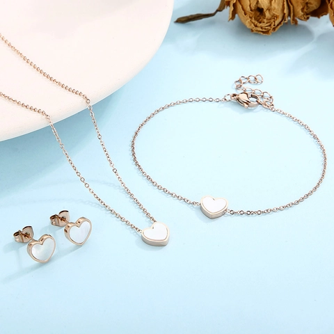 Collar Pulsera Pendientes Corazón Acero Inoxidable Madreperla Blanca Dulce Elegante Moda Mujeres