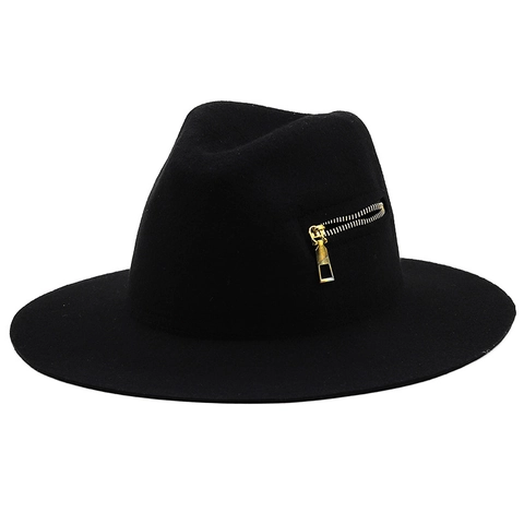 Chapeau Fedora En Laine Avec Décoration Fermeture Éclair Dorée Bord Large Style Moderne Tendance
