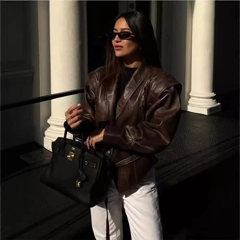 Veste Femme Cuir Synthétique PU Taille Nouée Revers Manches Longues Épaule Lacée Vintage Chic Streetwear Pour Dame