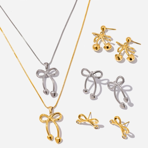 Edelstahl Schleife Herz Kirsche Anhänger Halskette Und Ohrstecker Set Gold Silber Strass Schmuck Für Damen Geschenk