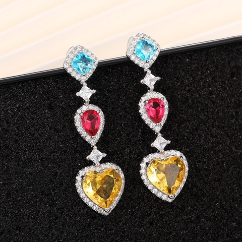 Boucles D'oreilles Pendantes Zircon Coloré Cuivre Longues En Forme De Cœur Carré Poire Élégant Princesse Bijoux Femmes