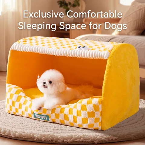 Halbgeschlossenes Haustierbett Haus Sherpa Fleece Warm Verdickt Hundesofa Mit Rutschfestem Boden Abnehmbarem Kissen Karomuster