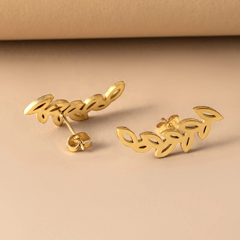 Minimalist Leaf Stud Earrings Gold Plated Stainless Steel Hollow Olive Branch Nature Inspired Forest Style Jewelry For Women