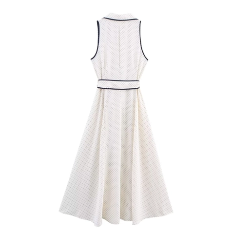 Women Casual Polka Dot Sleeveless V-Neck Shirt Dress Midi A-Line Dress With Belt Elegant Spring Summer Polka Dot Print Dress