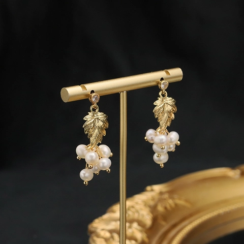Vintage Natural Freshwater Pearl Grape Cluster Stud Earrings 18K Gold Plated S925 Sterling Silver Post Rhinestone Jewelry