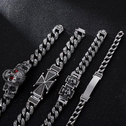 Men Gothic Skull Head Bracelet Stainless Steel Heavy Cuban Link Cross Engraved Biker Punk Retro Silver Tone Jewelry