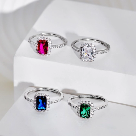 925 Sterling Silber Ring Bunter Smaragdschliff Zirkonia Rechteckig Halo Verstellbar Offenes Band Schmuck Für Damen