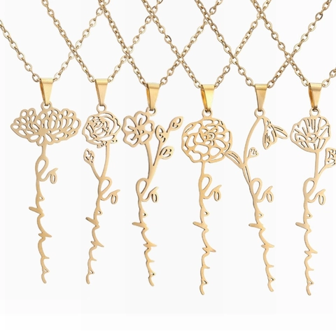 Collar de Nombre de Flor de Mes de Acero Inoxidable Personalizado Colgante Sophia Oro Plata Oro Rosa Joyería de Moda Regalo de Cumpleaños para Mujer