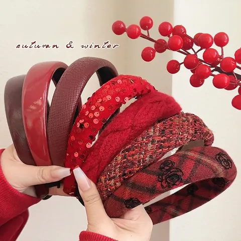 Vintage Red Headbands For Women Autumn Winter New Year Thick Padded Hair Hoops Leather Velvet Tweed Knit Elegant Accessories