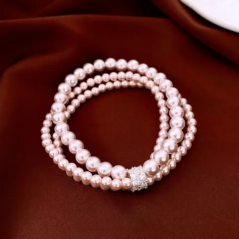 Elegant French Multi-Layer Artificial Pearl Bracelet With Zircon Alloy Pendants Fashion Light Luxury Jewelry For Women Gift