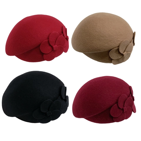 Women Wool Beret Hat Vintage Pillbox French Style Solid Color With Flower Decor Elegant Winter Accessory