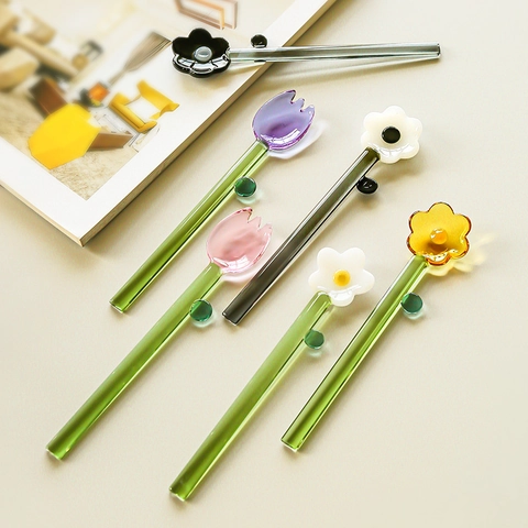 Flower Glass Stirring Spoon Long Handle Heat Resistant High Borosilicate Colorful Dessert Ice Cream Cute Coffee Stick