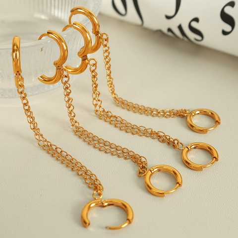 Minimalist Connected Hoop Earrings Stainless Steel Chain Link Double Piercing Jewelry For Women Polished Gold Tone