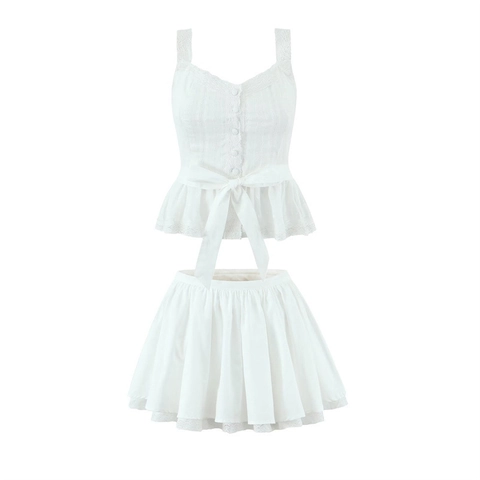 White Cotton Lace Trim Camisole Top And Pleated Mini Skirt Sweet Bow Button Front Casual Streetwear Women