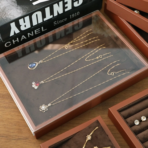 Jewelry Display Tray PU Leather Brown Velvet Multi Compartment Necklace Ring Earring Organizer Storage Box With Acrylic Lid