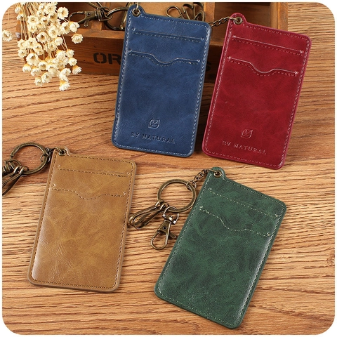 Vintage PU Leather Card Holder With Key Ring Multi Slot Retro ID Badge Case Ultra Thin Small Wallet