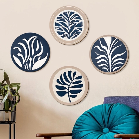 Böhmische Runde Wandornamente Aus Holz Pappelholz Bedruckte Pflanzenmuster Retro Einfaches Blaues Deko Für Wohnzimmer