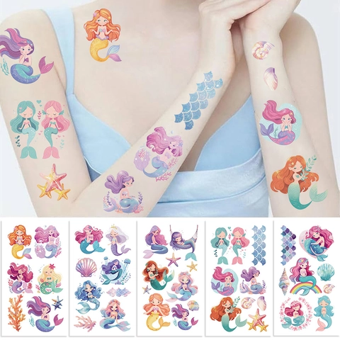 Adesivi Per Tatuaggi Temporanei Sirena Impermeabili Cartone Animato Animale Marino Arte Del Corpo Per Bambini
