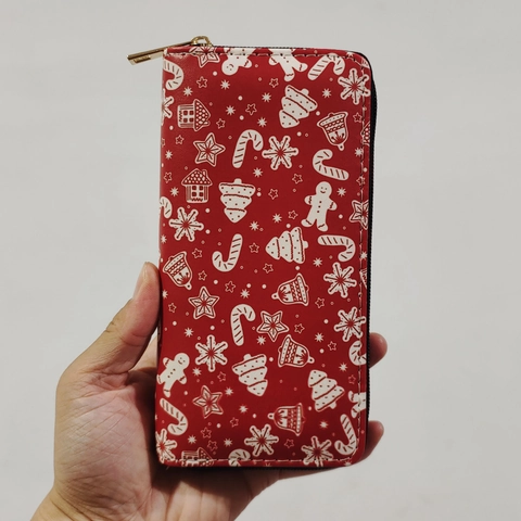Portefeuille Long De Noël Femmes Similicuir Fermeture Éclair Pochette Festive Flocon De Neige Imprimé Porte Cartes