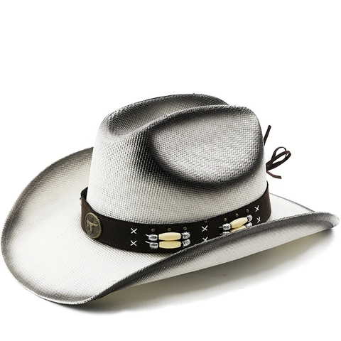 Western Cowboy Hut Geflochtenes Papierstroh Breite Krempe Sonnenschutz Mit Stierkopf Emblem Und Perlen Deko Band Vintage