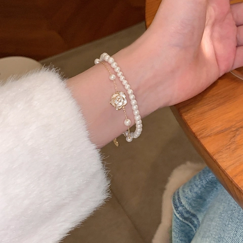 Elegant Camellia Artificial Pearl Layered Bracelet Gold Plated Flower Charm French Style Jewelry Gift For Women