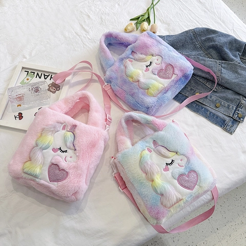 Kids Plush Unicorn Shoulder Bag Tie Dye Rainbow Faux Fur Crossbody Handbag With Sequin Heart For Girls
