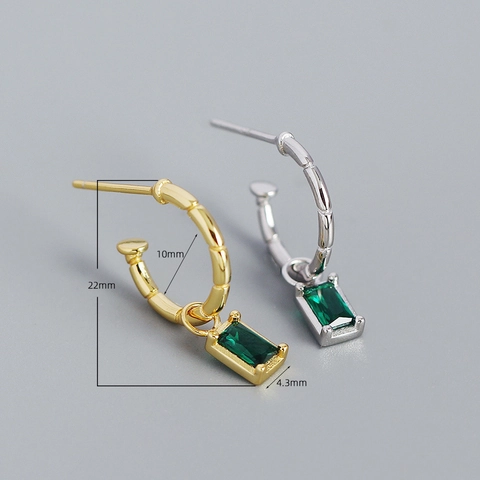 925 Sterling Silber Creolen Mit Smaragdgrünem Rechteckigem Zirkonia Bambustextur Abnehmbarem Anhänger Französischer Stil