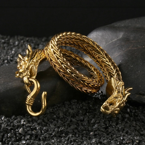 Pulsera De Dragón De Acero Inoxidable Doble Cabeza De Dragón Cadena De Hueso Trenzada Joyería Punk Retro Para Hombres