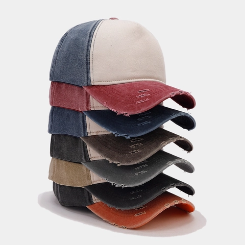 Vintage Washed Cotton Baseball Cap Distressed Color Block Patchwork Sun Protection Adjustable Streetwear Hat For Men Women
