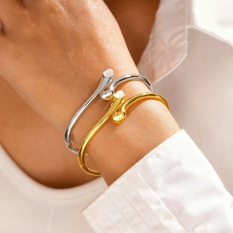 Minimalistische Druppel Open Manchet Armband Koper 18K Verguld Witte Steen Inlay Moderne Elegante Sieraden Voor Vrouwen