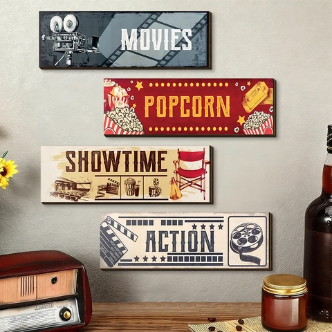 Targhe Da Parete In Legno A Tema Cinema Retrò Stile Industriale Vintage Americano Decorazione Film Popcorn Showtime