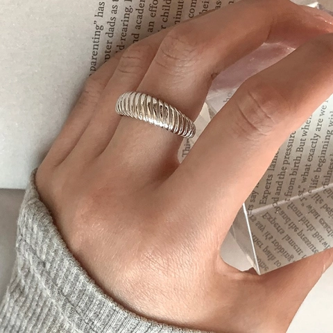 925 Sterling Silver Croissant Ring Minimalist Twisted Textured Adjustable Open Finger Band For Women French Vintage Style