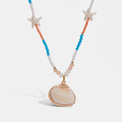 Collar De Cuentas De Acero Inoxidable Con Colgante De Concha Y Estrella De Mar Chapado En Oro De 18K