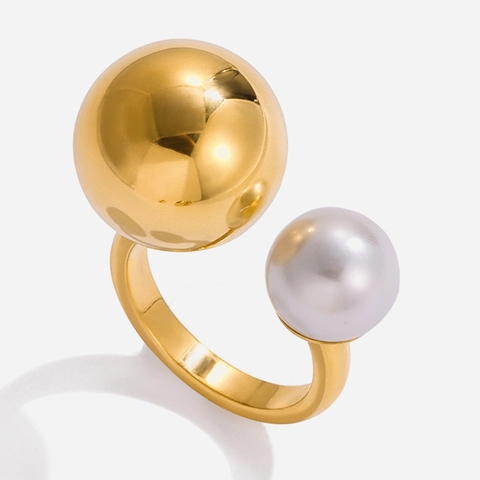 18K Gold Plated Stainless Steel Open Ring For Women With Large Ball And Artificial Pearl Geometric Adjustable Jewelry
