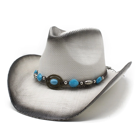 Western Cowboy Straw Hat Wide Brim Sun Protection Paper Beach Ombre Bohemian Ethnic Turquoise Beads Decor