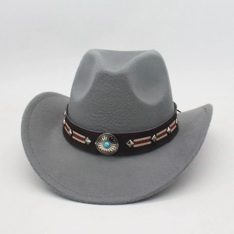 Chapeau De Cowboy Western Rétro Feutre Style Ethnique Avec Bande Cuir Turquoise Rivet Bord Large Plein Air