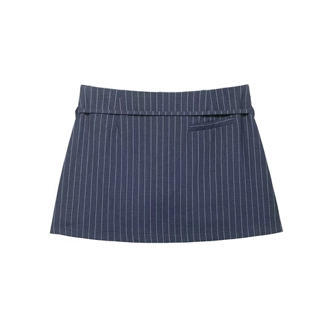 Women Pinstripe Mini Skirt With Belt High Waist Polyester Striped Short Skirt Streetwear Fashion Casual Office
