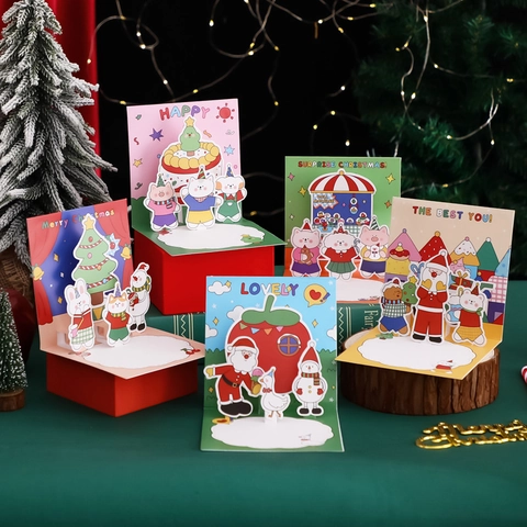 3D Pop Up Christmas Greeting Card Cartoon Santa Snowman Paper Carving With Envelope Festive Blessing For Holiday Gift