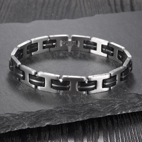 Men Retro Bracelet Stainless Steel Silicone Industrial Style Brushed Polished H Link Jewelry Accessory