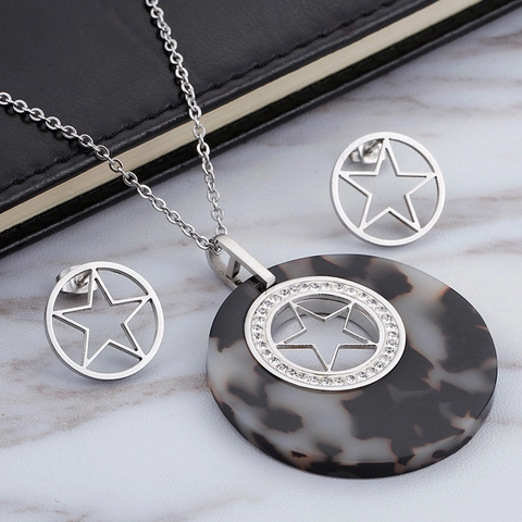 Collana E Orecchini In Acciaio Inossidabile Cuore Stella Fiore Traforato Ciondolo In Resina Tartarugata Donna Gioielli