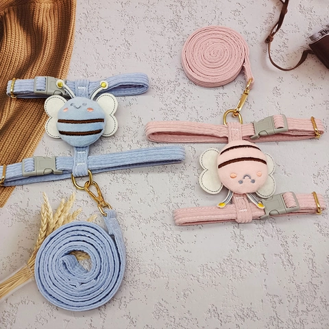 Corduroy Pet Harness And Leash Adjustable Soft Padded Vest For Small Dogs Cats With Cute Cartoon Bee Decor Alloy Buckle