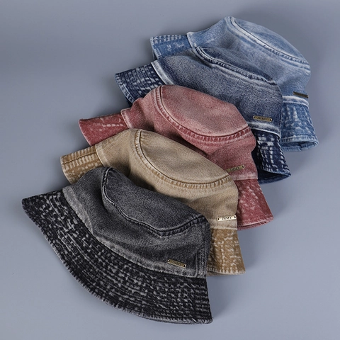 Washed Denim Bucket Hat Distressed Vintage Cotton Wide Brim Sunshade Outdoor Summer Casual Unisex Metal Plaque Decor
